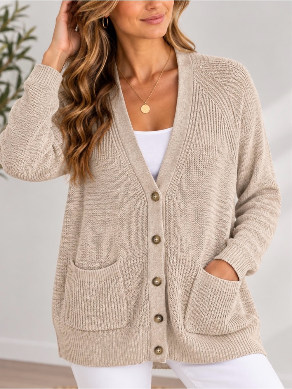 J.Crew Linen Cotton Knit Button Front V-Neck Slouchy Cardigan Tan XL